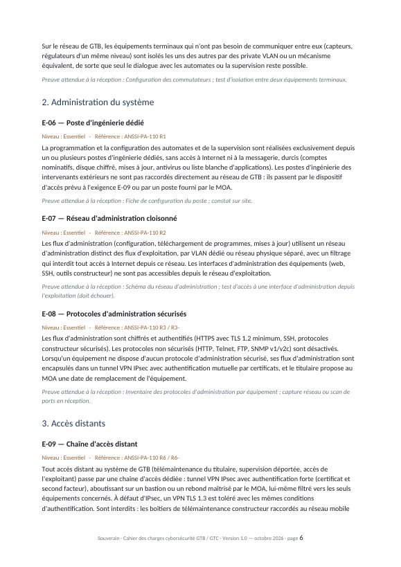Page d'exigences : administration du système et accès distants
